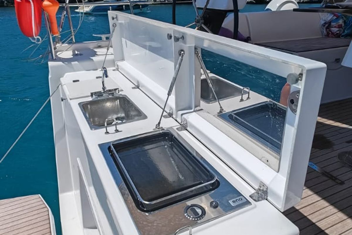 Deck of Alice in Wonderland, a Dufour 430 sailboat at Palermo, Italy