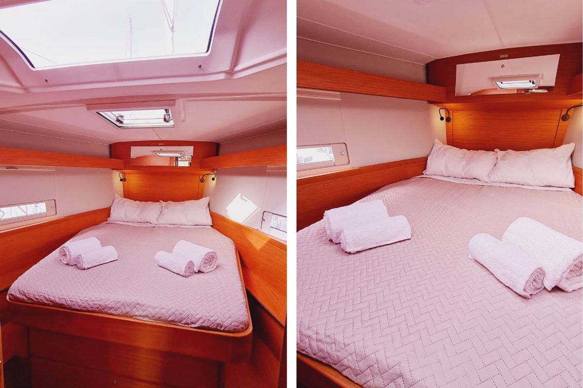 Cabin on Alice in Wonderland, a Dufour 430 sailboat at Palermo, Italy