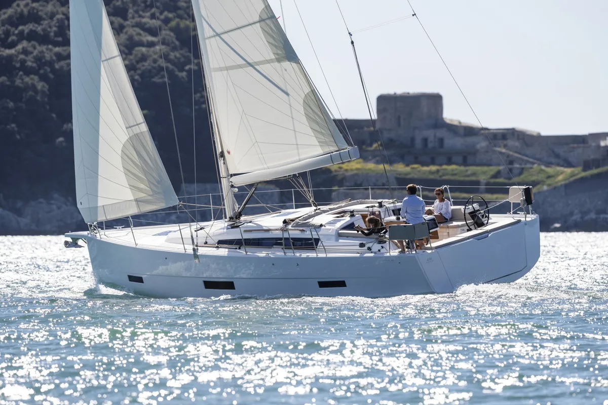 Exterior view of Alice in Wonderland, a Dufour 430 sailboat at Palermo, Italy