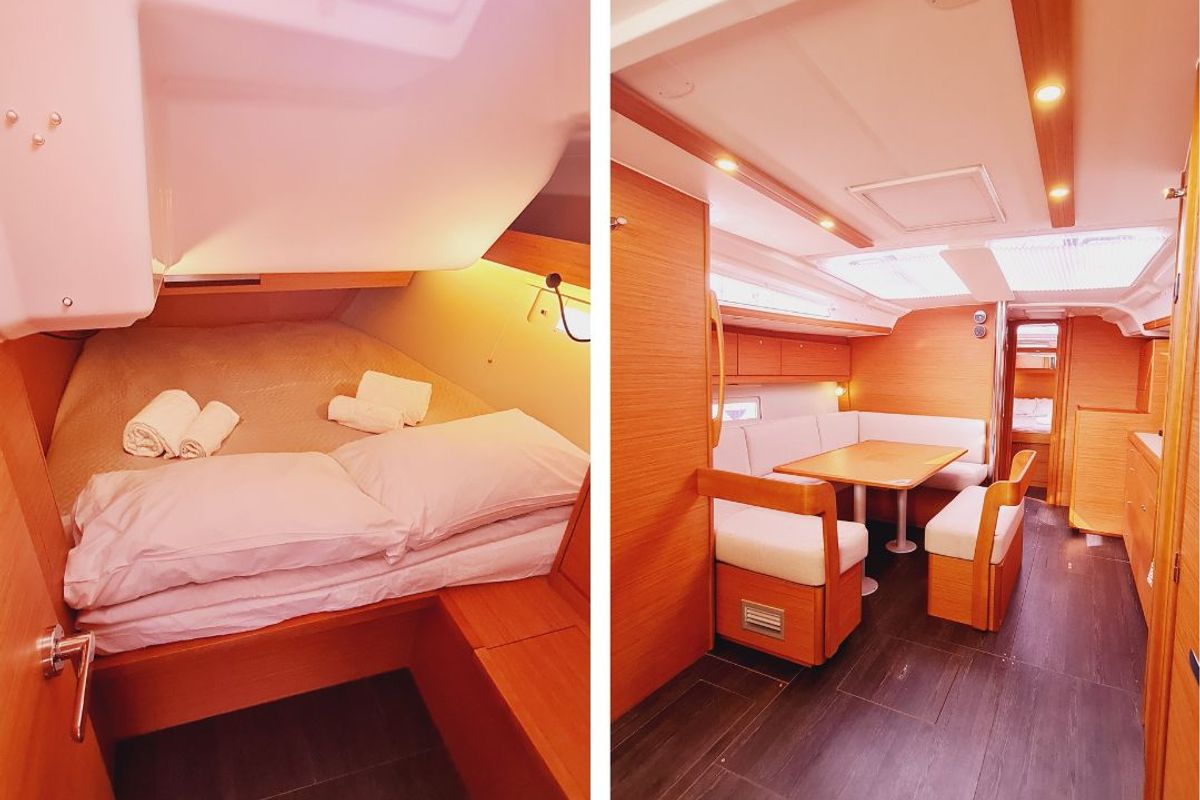 Cabin on Alice in Wonderland, a Dufour 430 sailboat at Palermo, Italy