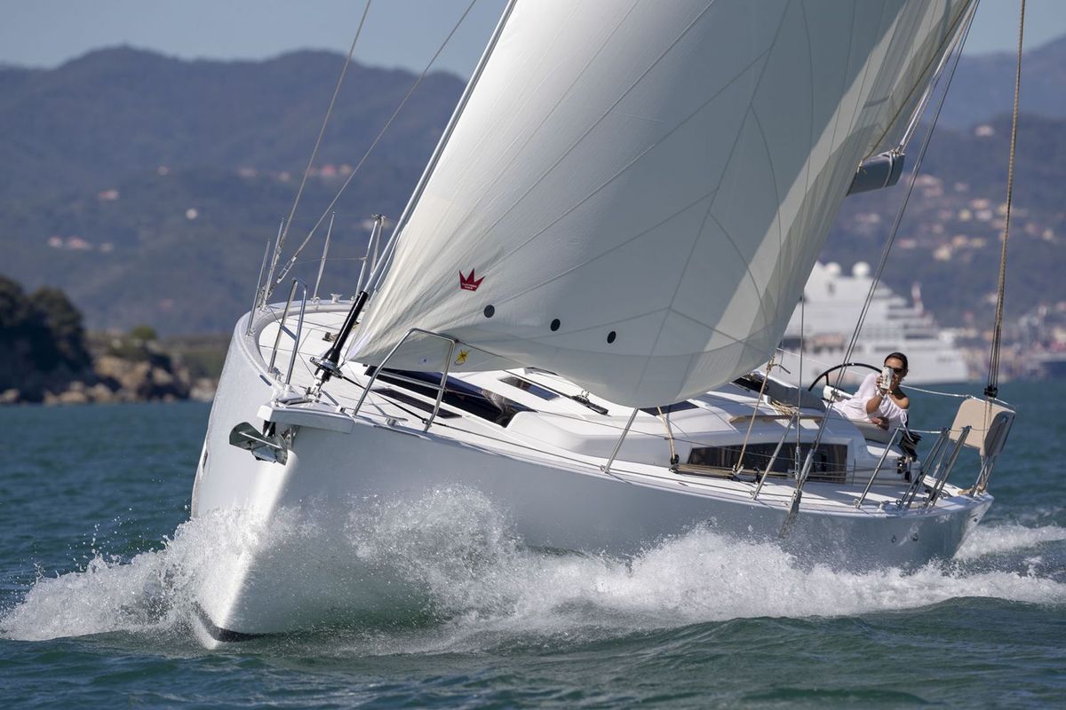 Exterior view of Alice in Wonderland, a Dufour 430 sailboat at Palermo, Italy