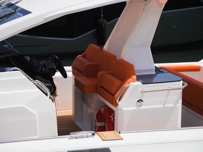 Cockpit of Armare, a Pirelli 42 motorboat at Torre Annunziata, Italy