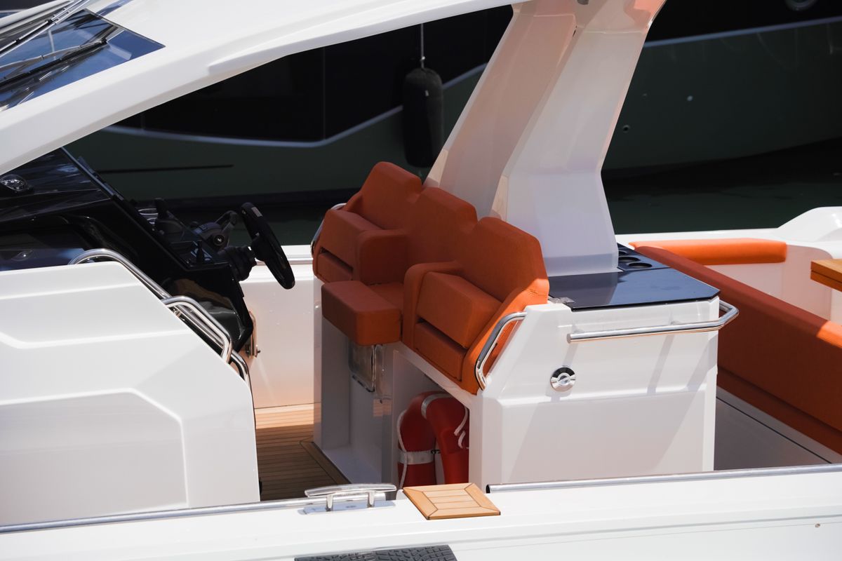 Cockpit of Armare, a Pirelli 42 motorboat at Torre Annunziata, Italy