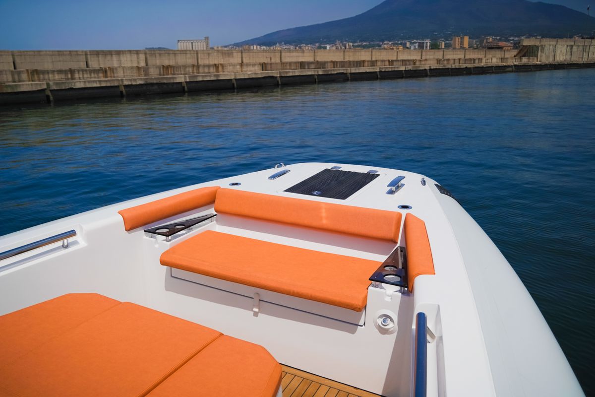 Deck of Armare, a Pirelli 42 motorboat at Torre Annunziata, Italy