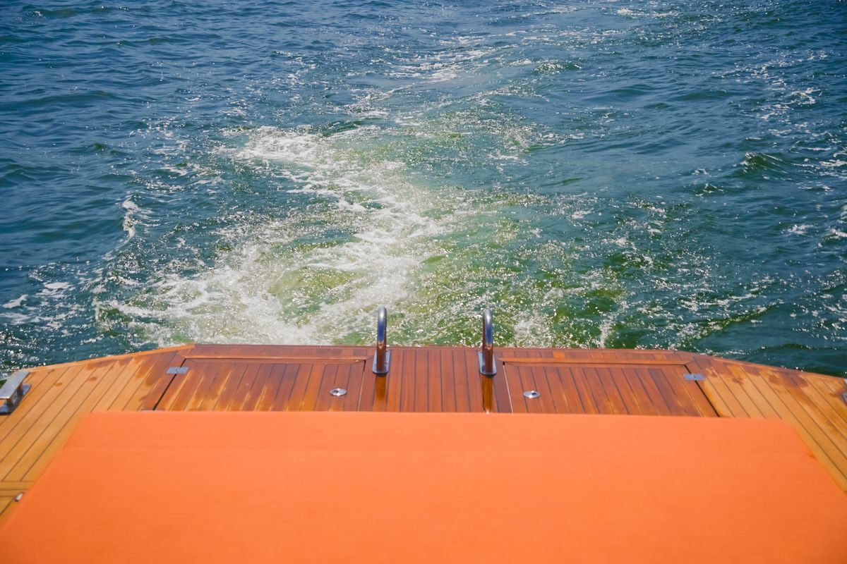 Deck of Armare, a Pirelli 42 motorboat at Torre Annunziata, Italy