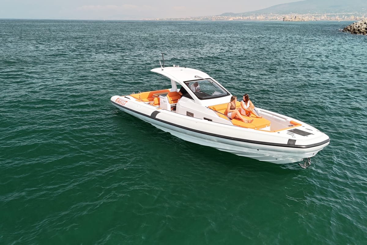 Exterior view of Armare, a Pirelli 42 motorboat at Torre Annunziata, Italy
