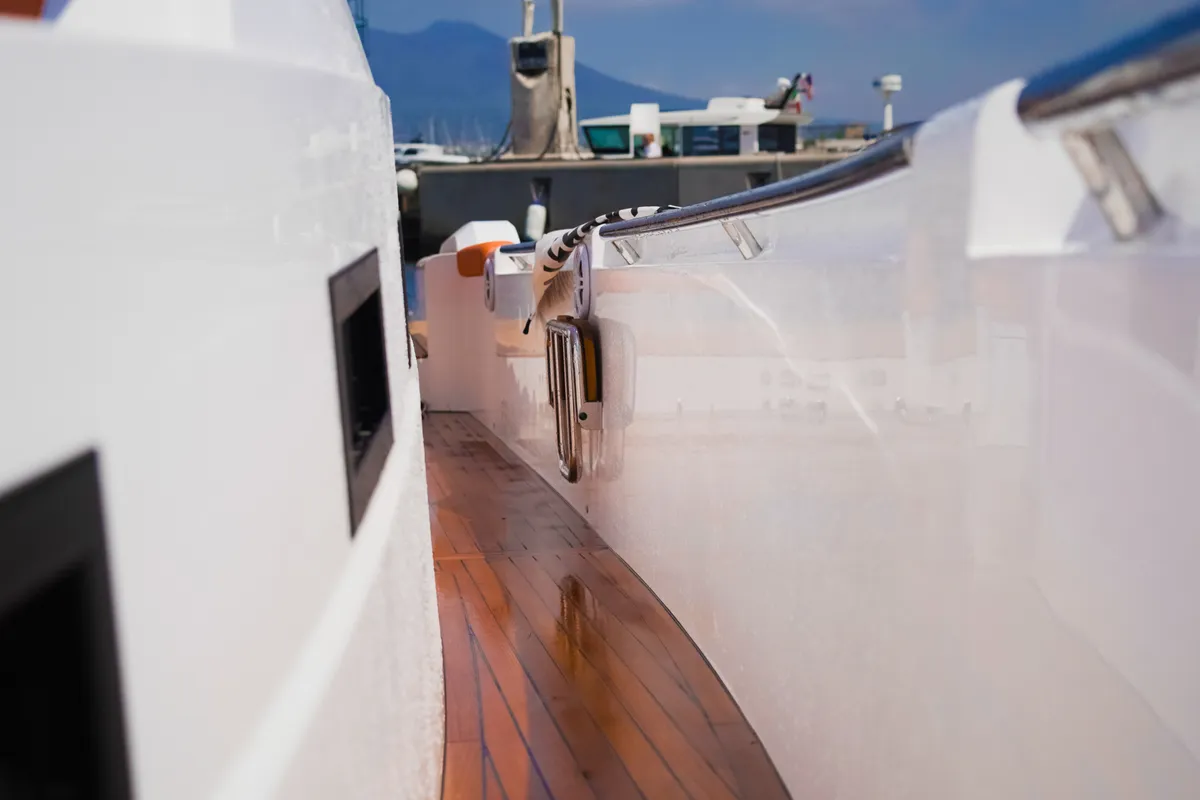 Deck of Armare, a Pirelli 42 motorboat at Torre Annunziata, Italy