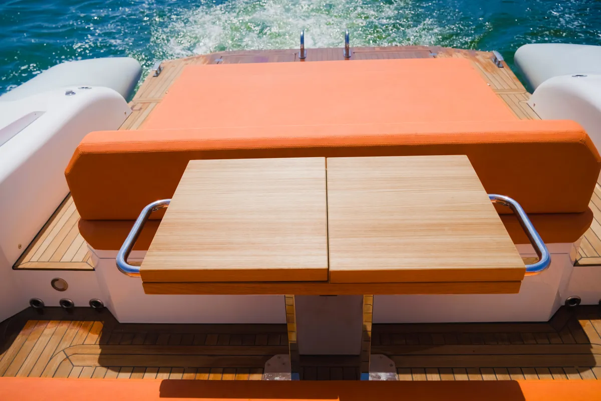 Deck of Armare, a Pirelli 42 motorboat at Torre Annunziata, Italy