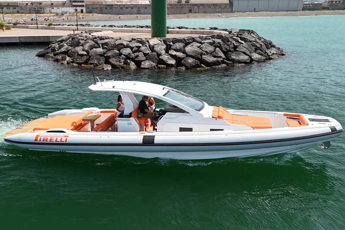 Exterior view of Armare, a Pirelli 42 motorboat at Torre Annunziata, Italy