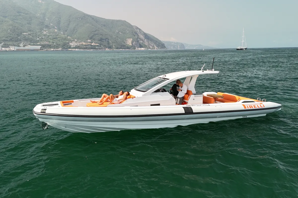 Exterior view of Armare, a Pirelli 42 motorboat at Torre Annunziata, Italy
