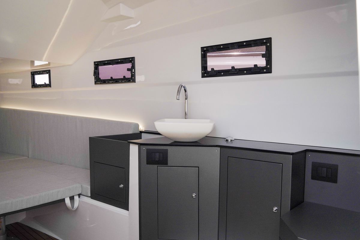 Salon of Armare, a Pirelli 42 motorboat at Torre Annunziata, Italy