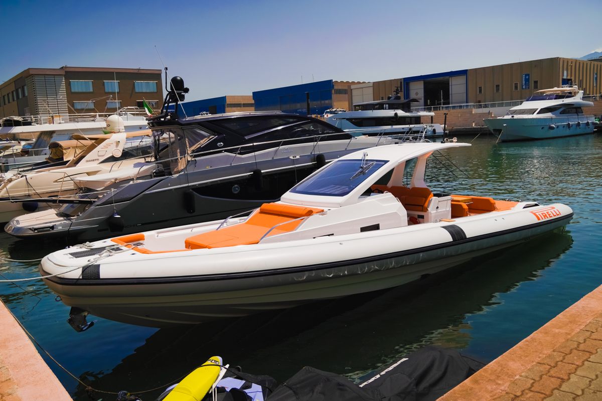 Exterior view of Armare, a Pirelli 42 motorboat at Torre Annunziata, Italy