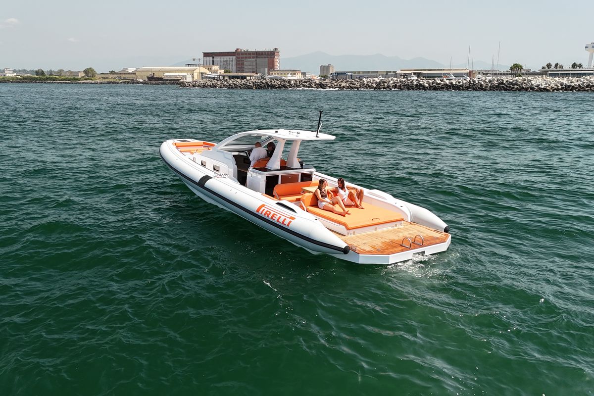 Exterior view of Armare, a Pirelli 42 motorboat at Torre Annunziata, Italy