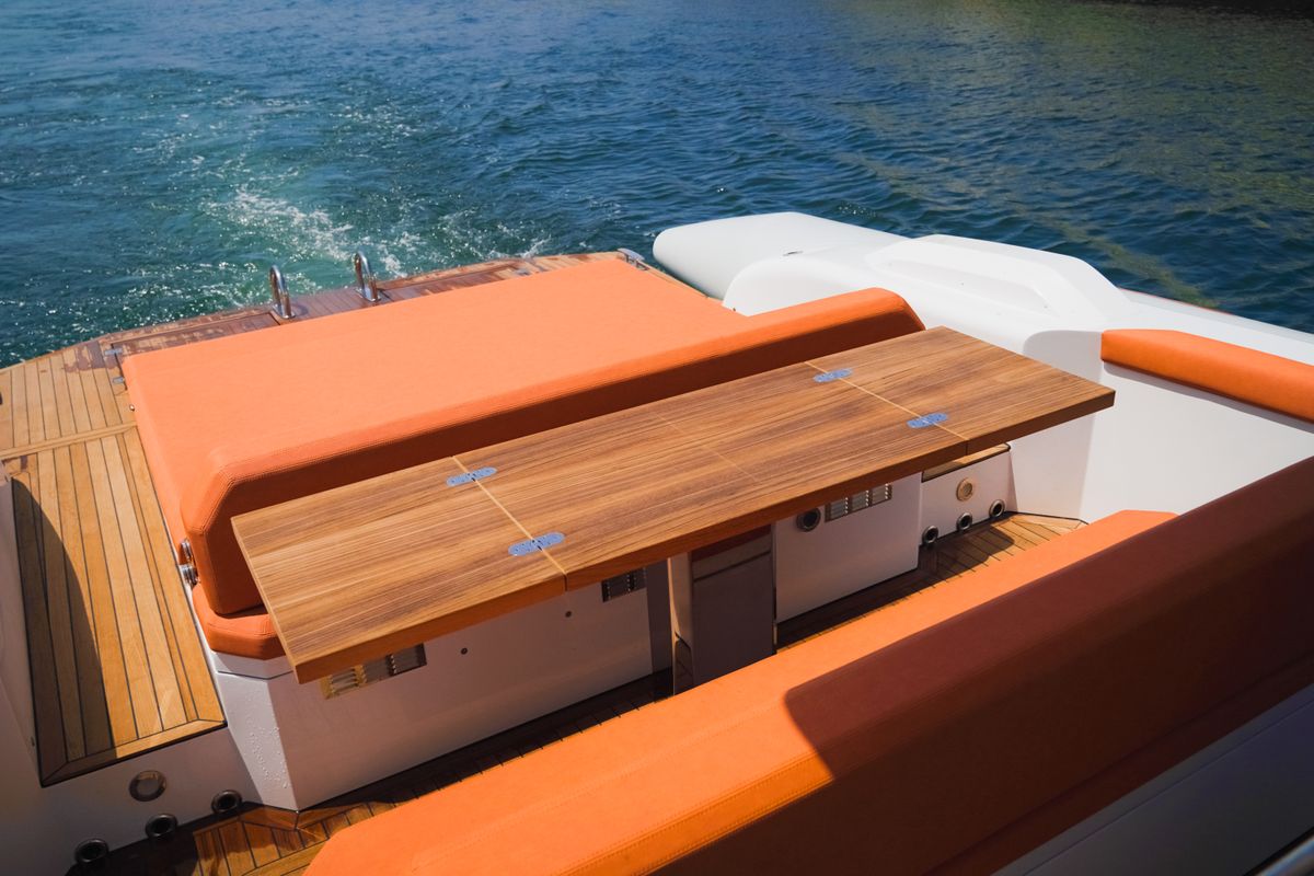 Deck of Armare, a Pirelli 42 motorboat at Torre Annunziata, Italy