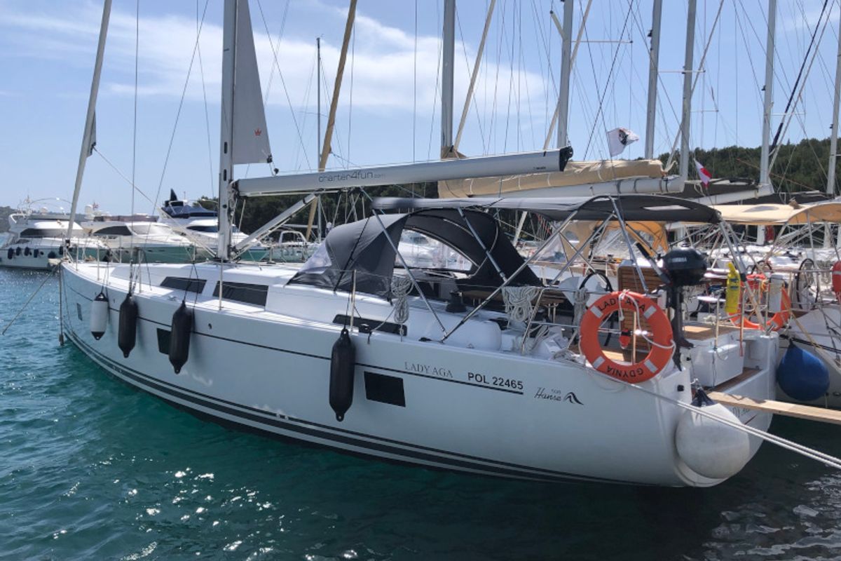 Exterior view of Lady Aga, a Hanse Yachts Hanse 508 sailboat at Općina Rogoznica, Croatia