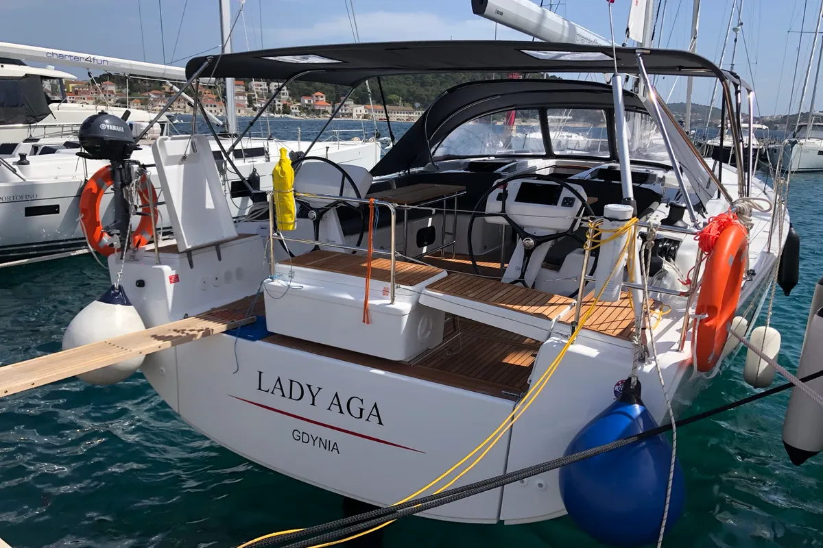 Exterior view of Lady Aga, a Hanse Yachts Hanse 508 sailboat at Općina Rogoznica, Croatia