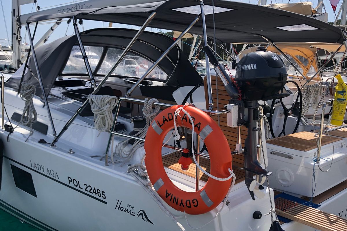 Exterior view of Lady Aga, a Hanse Yachts Hanse 508 sailboat at Općina Rogoznica, Croatia