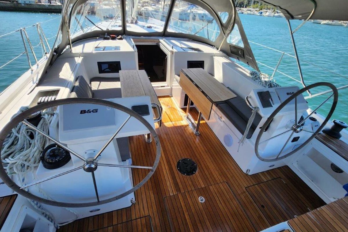 Cockpit of Wahlheimat, a Bavaria C45 Style sailboat at Primošten, Croatia