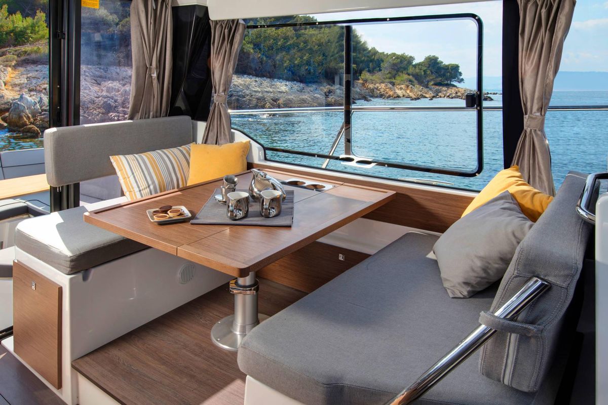 Salon of Hera II, a Jeanneau Merry Fisher 1095 motorboat at Bacoli, Italy