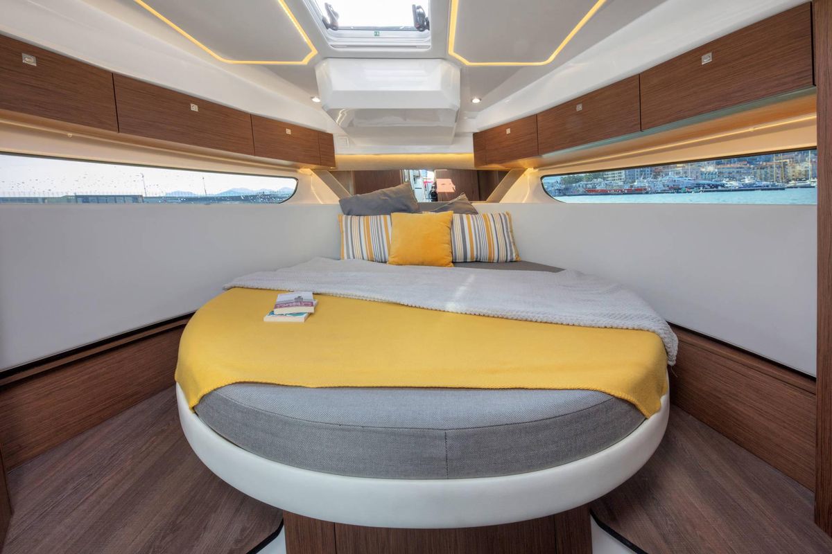 Cabin on Hera II, a Jeanneau Merry Fisher 1095 motorboat at Bacoli, Italy