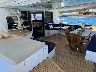 Deck of Tekila, a Sunreef Yachts Sunreef 62 catamaran at Ibiza, Spain