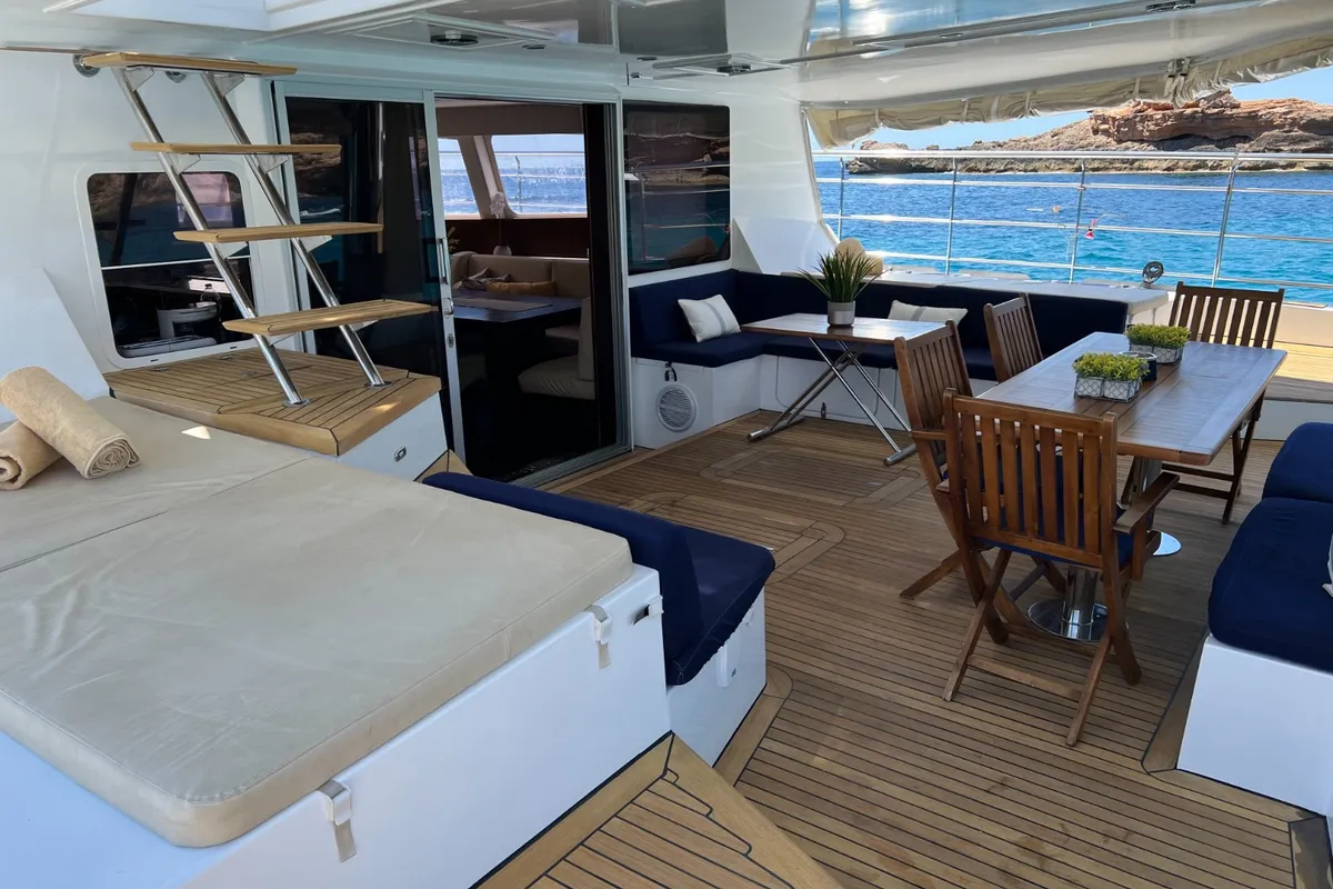 Deck of Tekila, a Sunreef Yachts Sunreef 62 catamaran at Ibiza, Spain