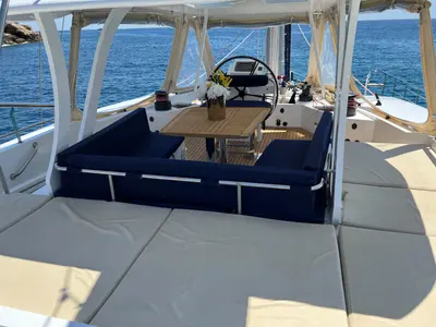 Cockpit of Tekila, a Sunreef Yachts Sunreef 62 catamaran at Ibiza, Spain