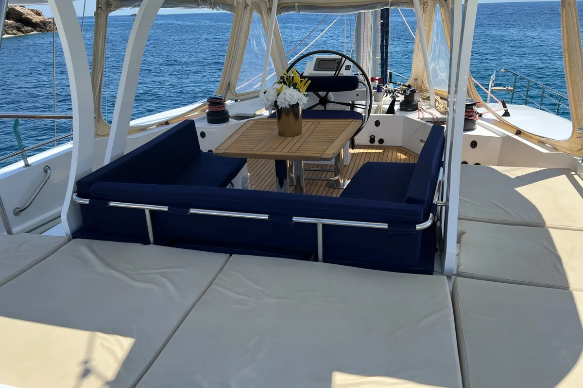 Cockpit of Tekila, a Sunreef Yachts Sunreef 62 catamaran at Ibiza, Spain