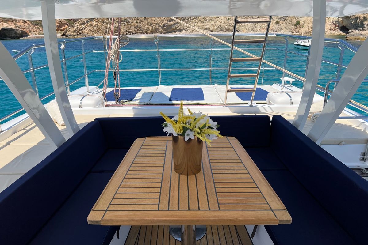 Deck of Tekila, a Sunreef Yachts Sunreef 62 catamaran at Ibiza, Spain