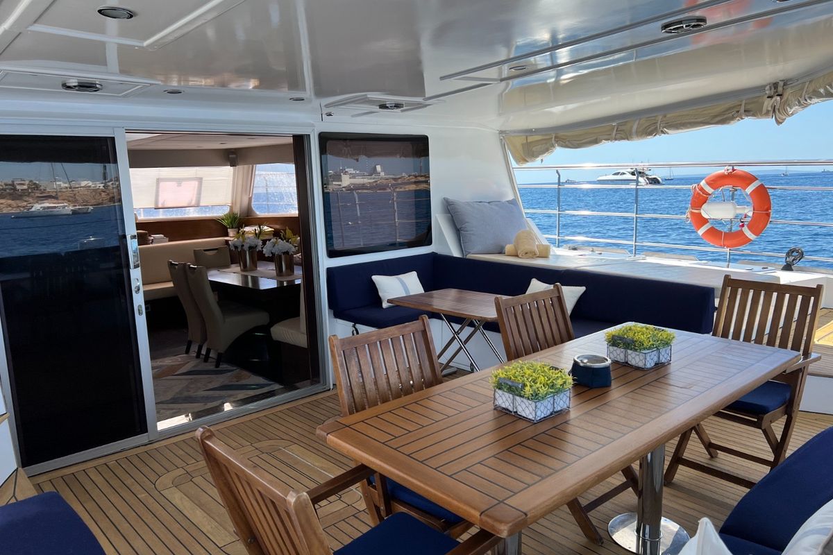 Deck of Tekila, a Sunreef Yachts Sunreef 62 catamaran at Ibiza, Spain