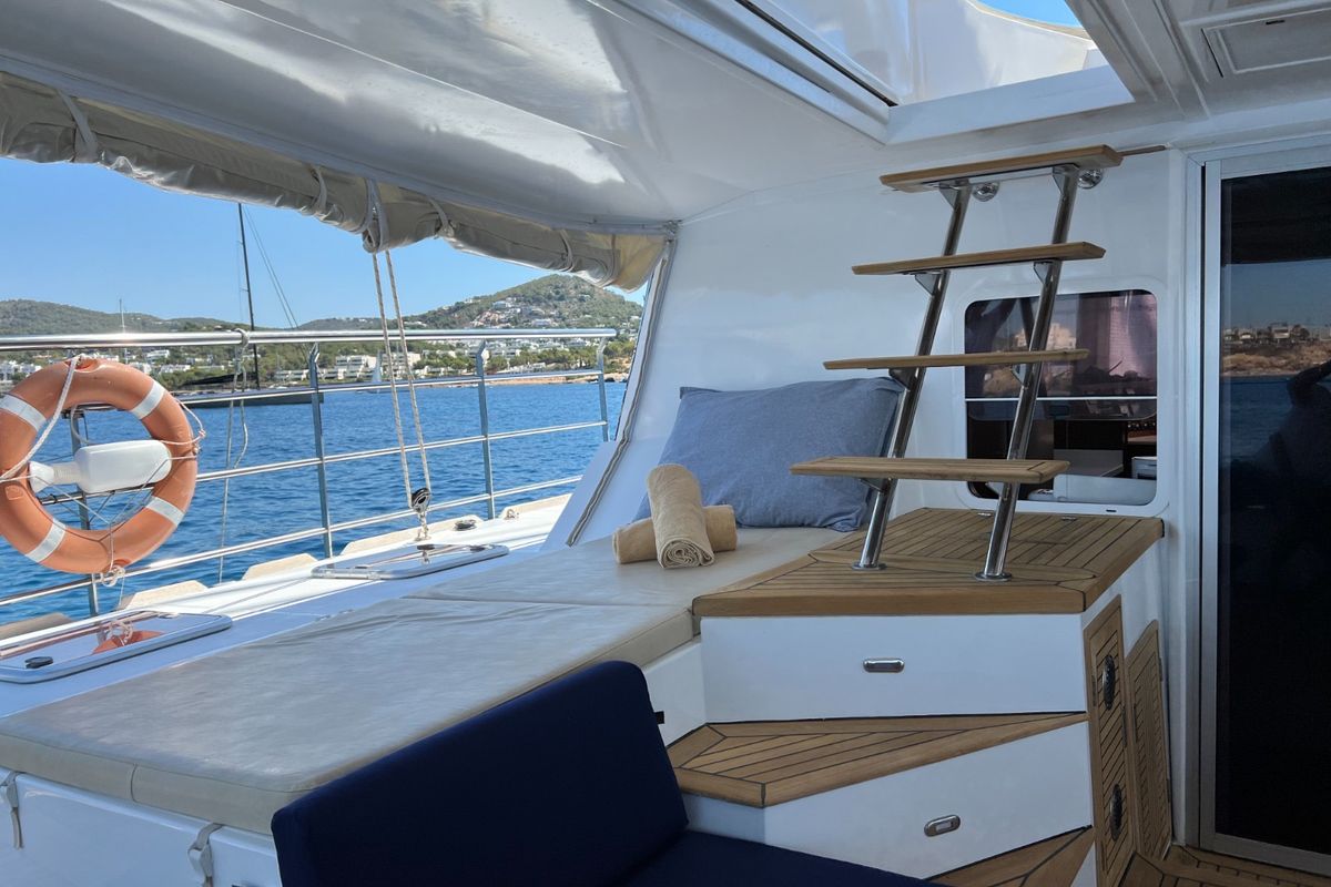 Deck of Tekila, a Sunreef Yachts Sunreef 62 catamaran at Ibiza, Spain