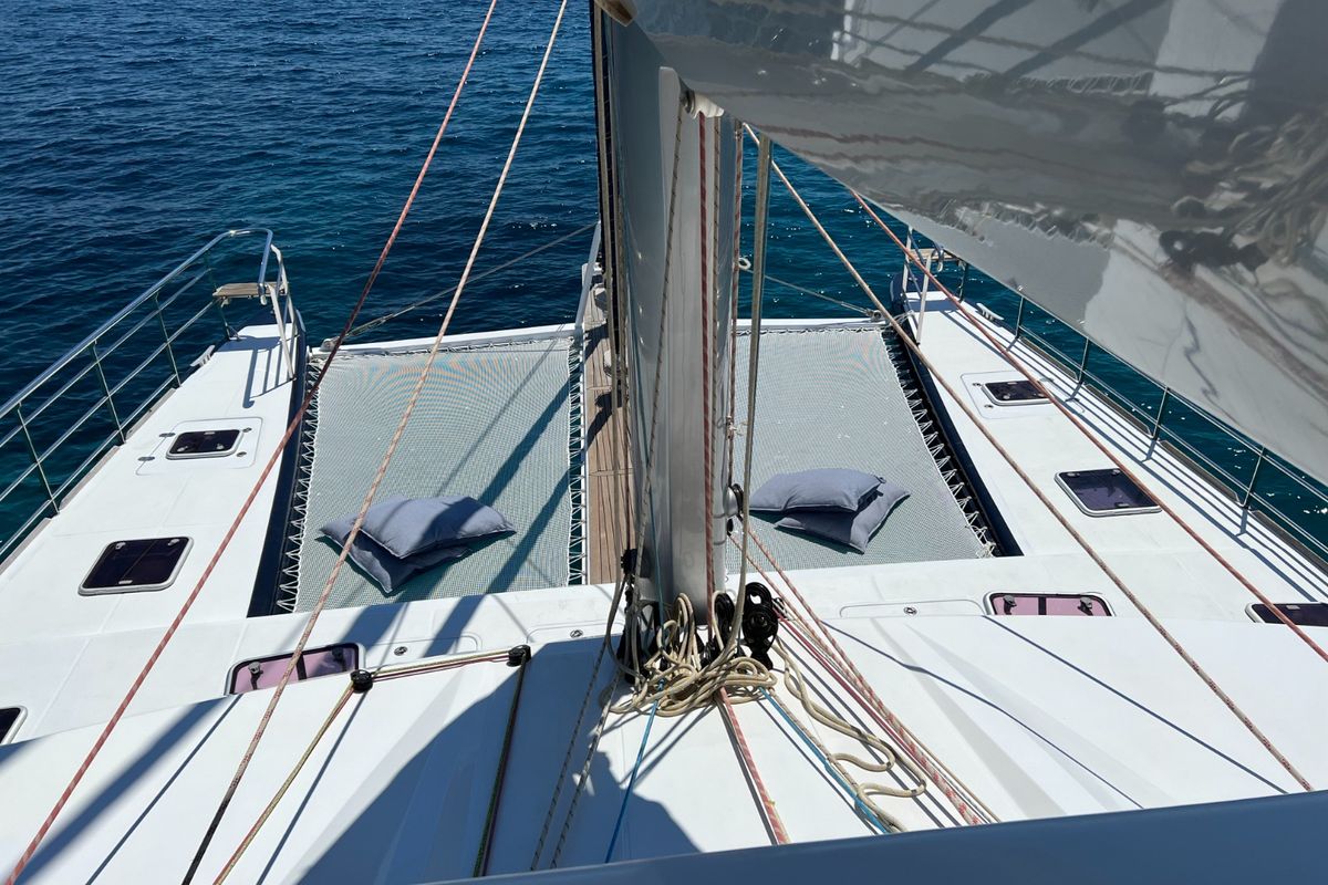 Deck of Tekila, a Sunreef Yachts Sunreef 62 catamaran at Ibiza, Spain