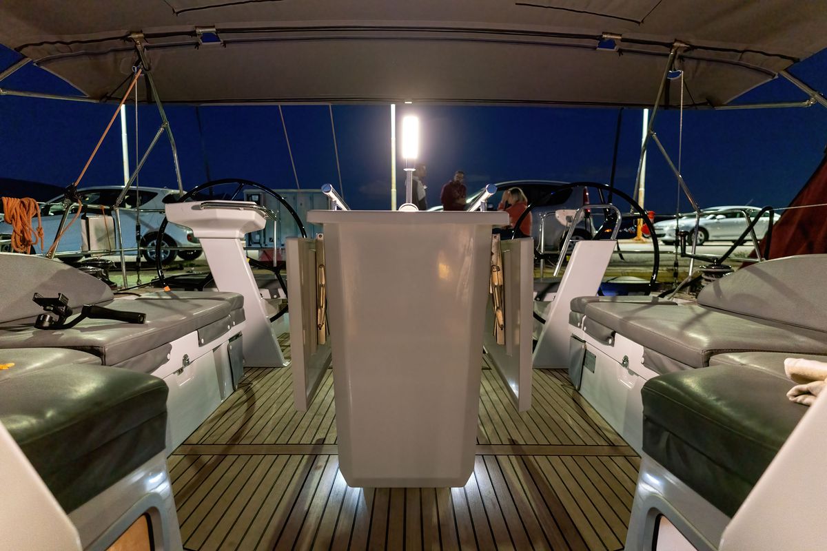 Cockpit of "Blue Odyssey, Beneteau Oceanis 46.1, 2020", a Beneteau Oceanis 46.1 sailboat at Municipal Unit of Nea Peramos, G…
