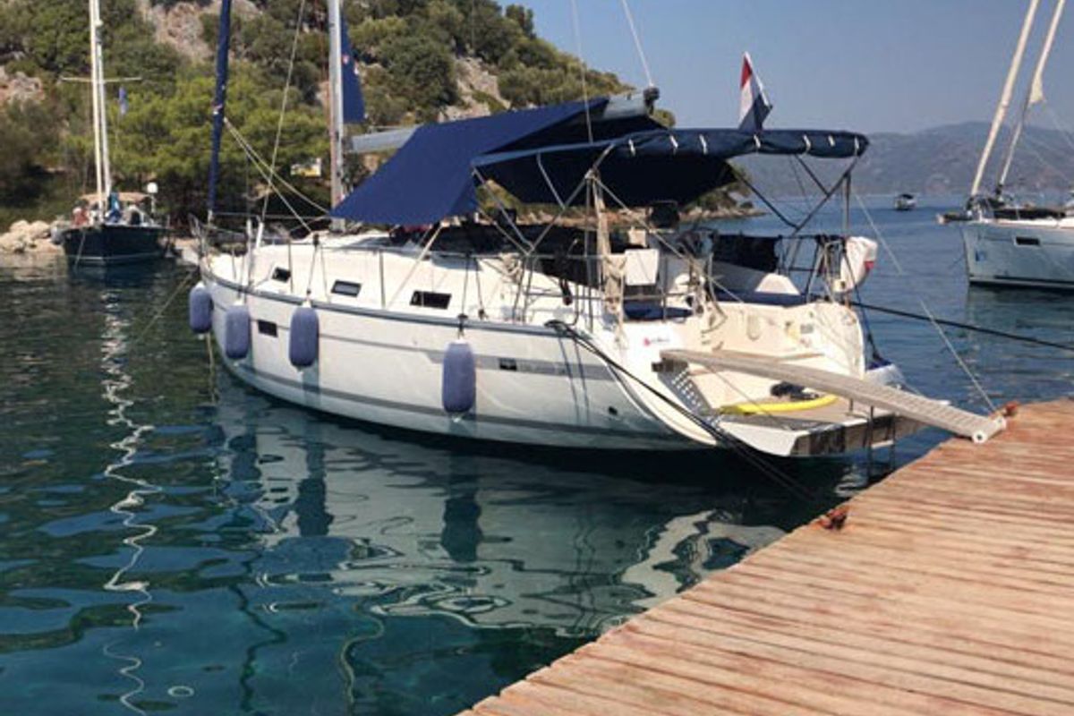 Exterior view of Zenith, a Bavaria Cruiser 36 sailboat at Fethiye, Turkey