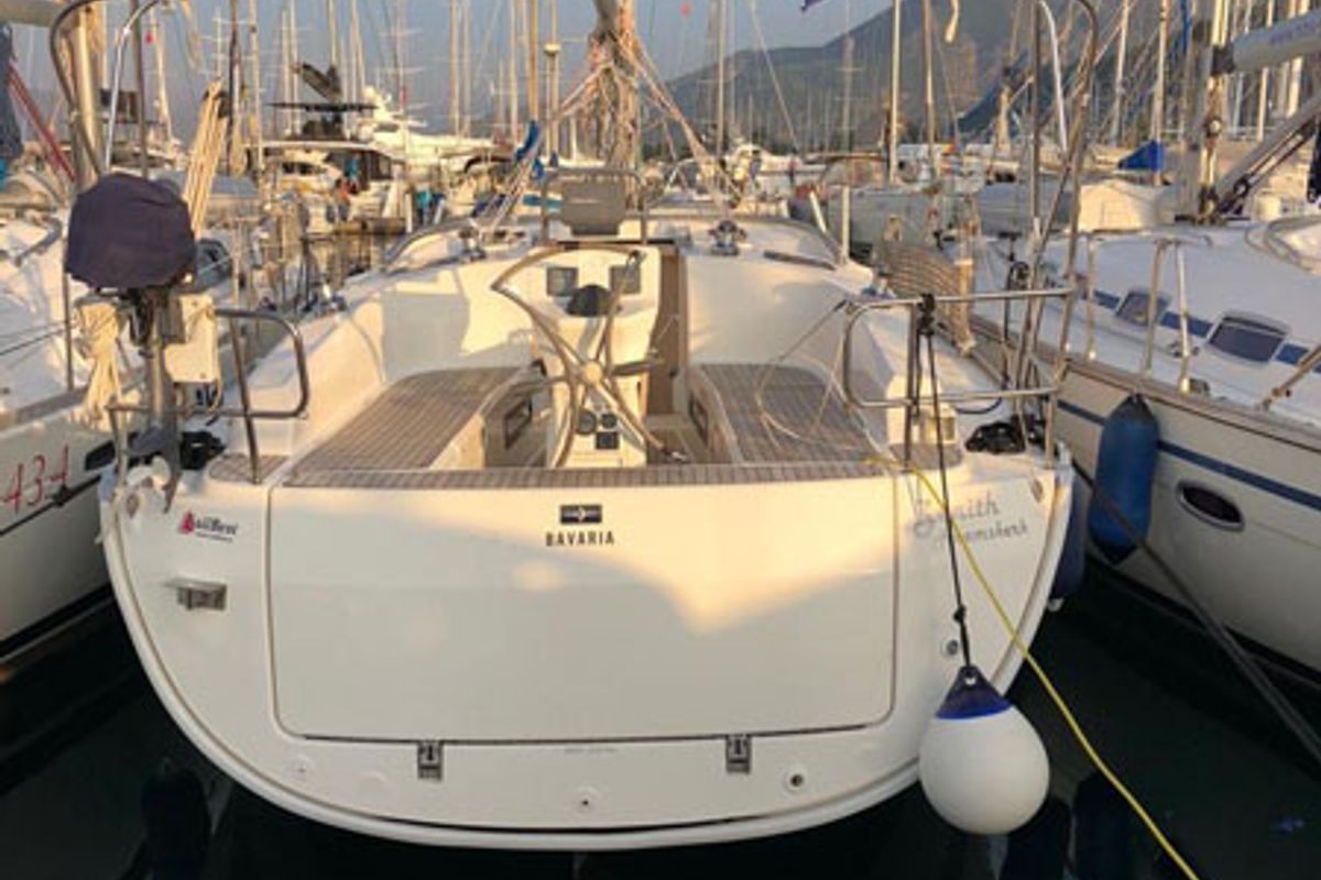 Exterior view of Zenith, a Bavaria Cruiser 36 sailboat at Fethiye, Turkey