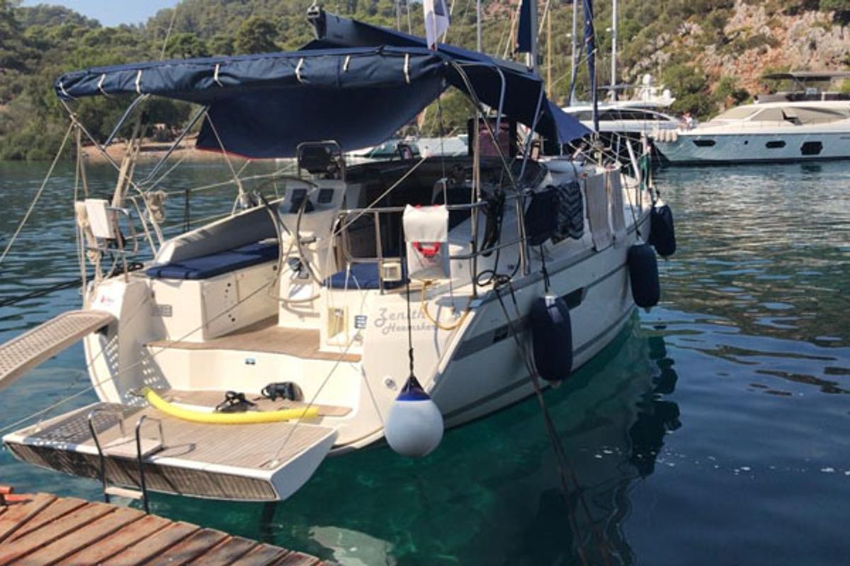 Deck of Zenith, a Bavaria Cruiser 36 sailboat at Fethiye, Turkey