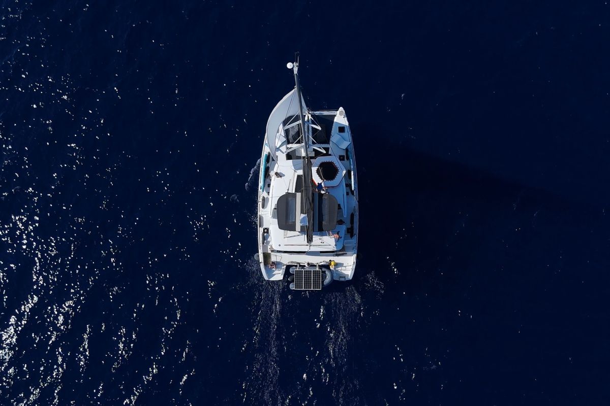 Exterior view of Pasea On, a Lagoon 450 F catamaran at Municipal Unit of Lefkada, Greece