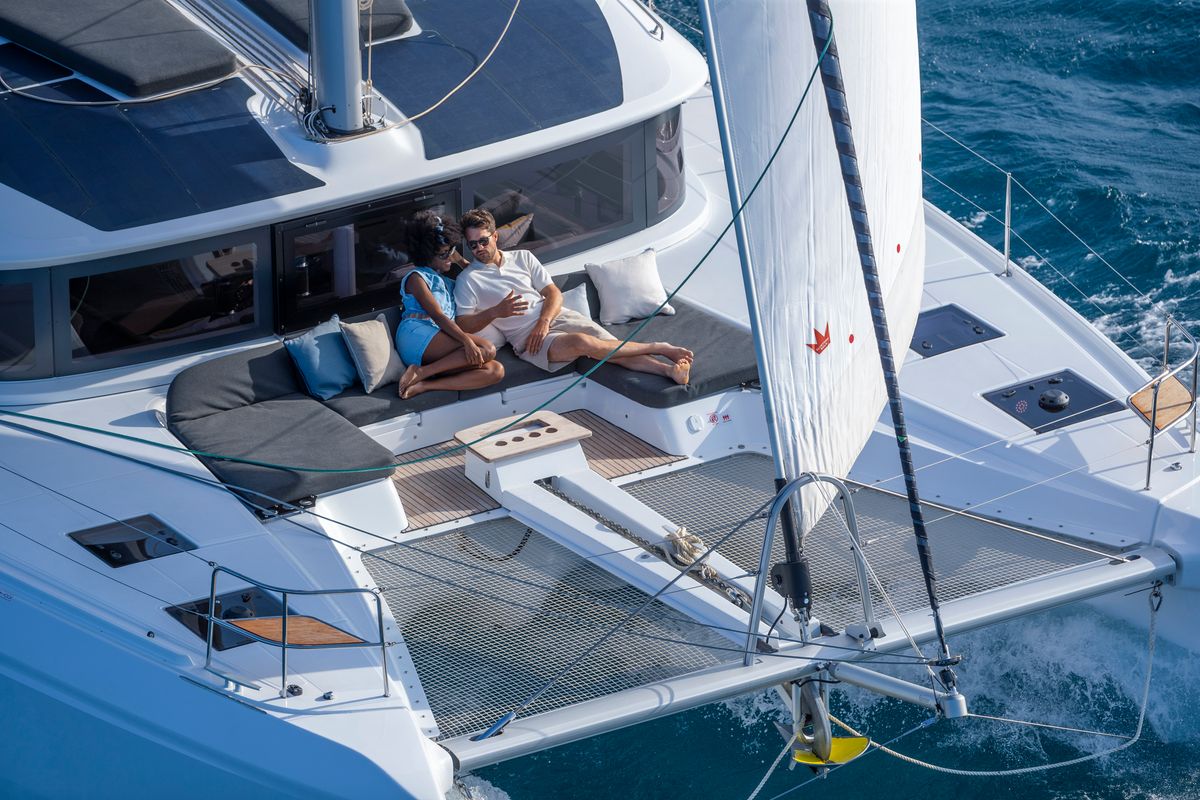 Deck of Errant Vagabond, a Lagoon 51 catamaran at Municipal Unit of Palairos, Greece