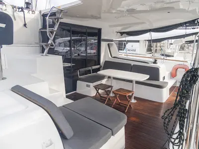 Deck of Ziromon, a Lagoon 42 catamaran at Eden Island Marina, Seychelles