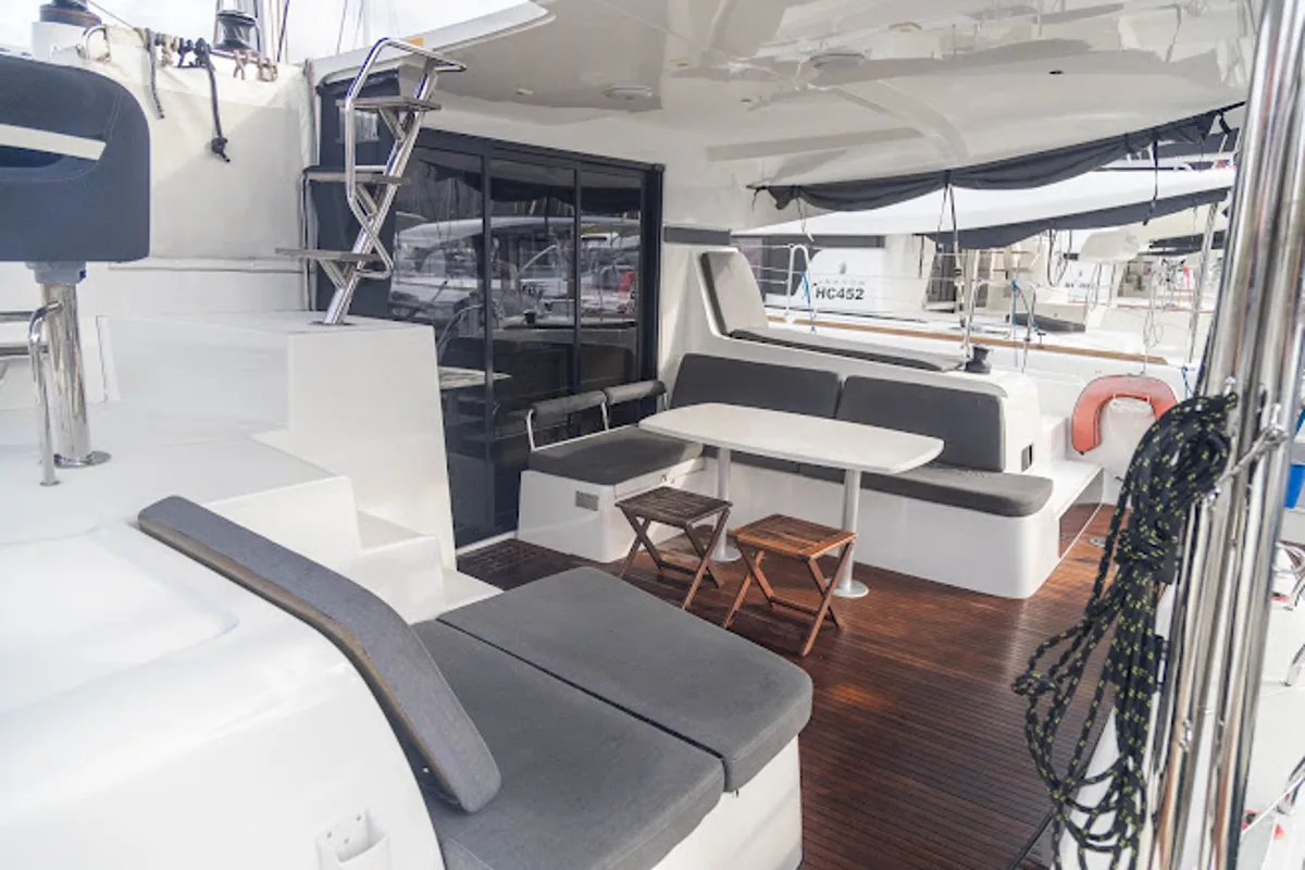 Deck of Ziromon, a Lagoon 42 catamaran at Eden Island Marina, Seychelles