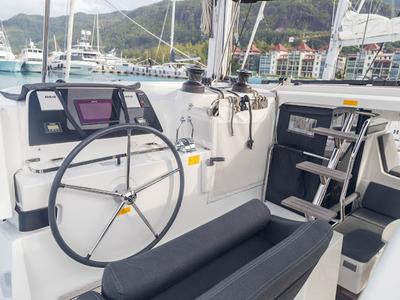 Cockpit of Ziromon, a Lagoon 42 catamaran at Eden Island Marina, Seychelles