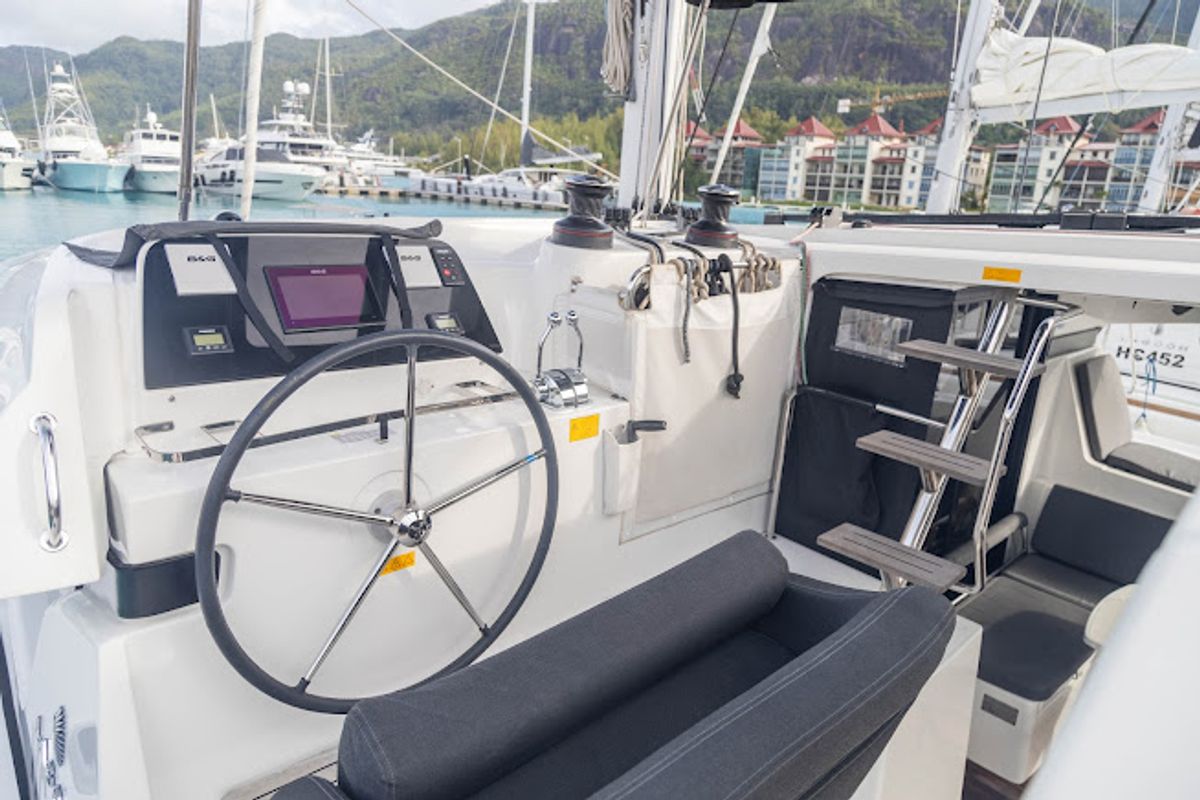 Cockpit of Ziromon, a Lagoon 42 catamaran at Eden Island Marina, Seychelles