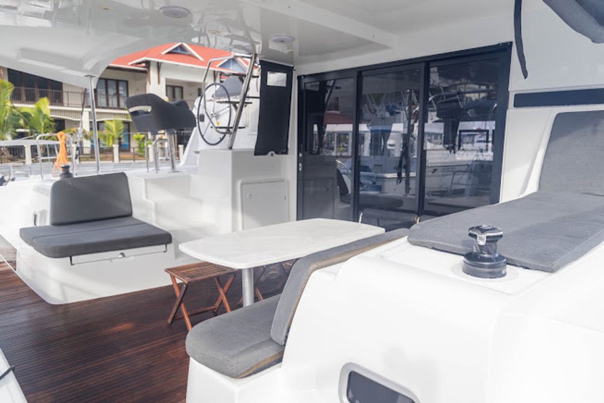 Deck of Ziromon, a Lagoon 42 catamaran at Eden Island Marina, Seychelles