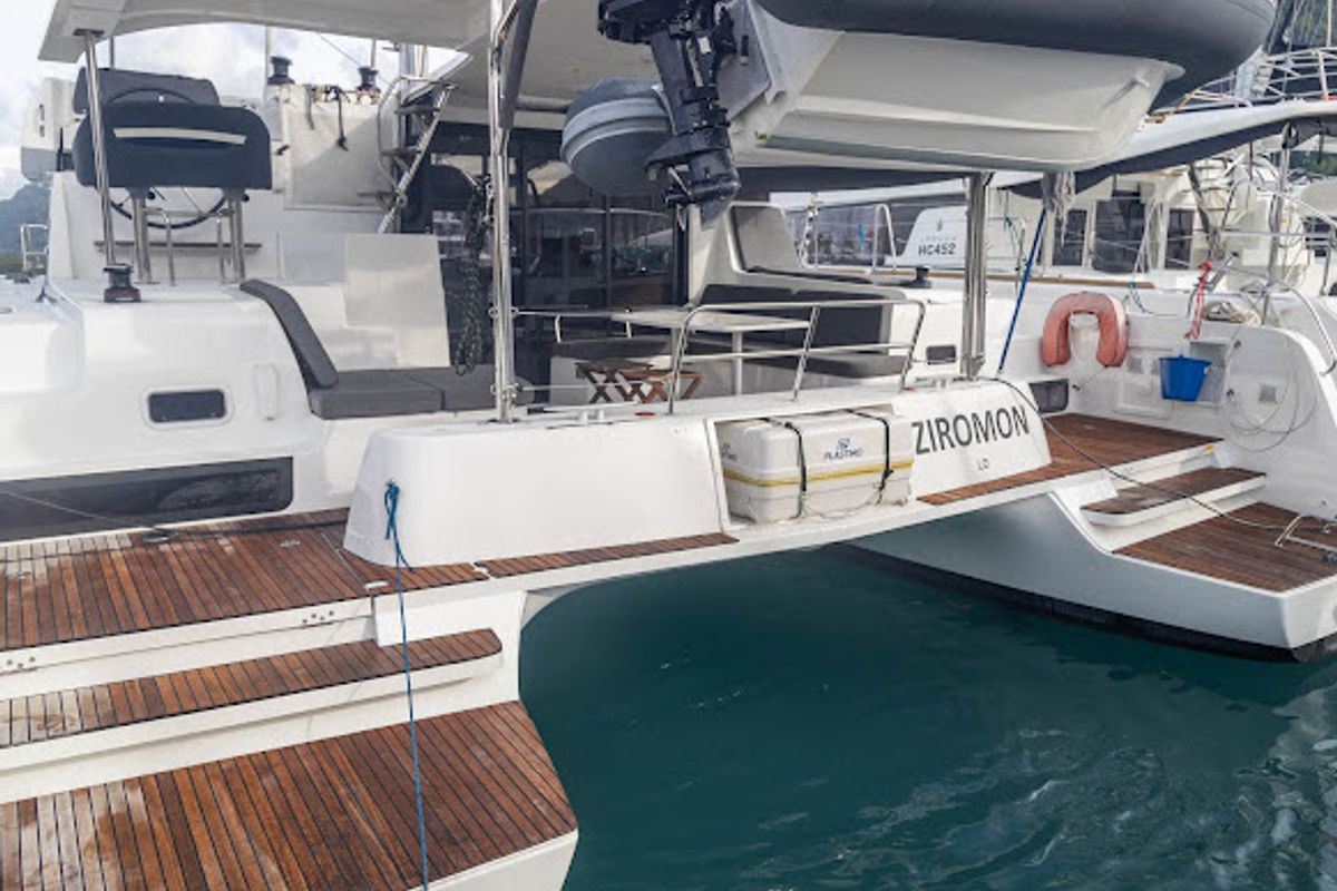 Exterior view of Ziromon, a Lagoon 42 catamaran at Eden Island Marina, Seychelles