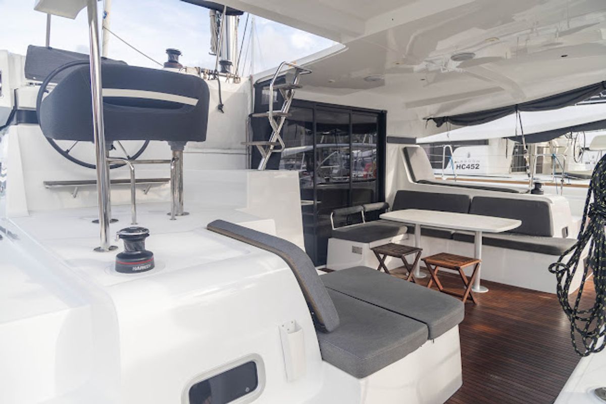 Deck of Ziromon, a Lagoon 42 catamaran at Eden Island Marina, Seychelles