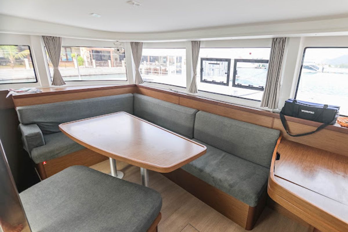 Salon of Ziromon, a Lagoon 42 catamaran at Eden Island Marina, Seychelles