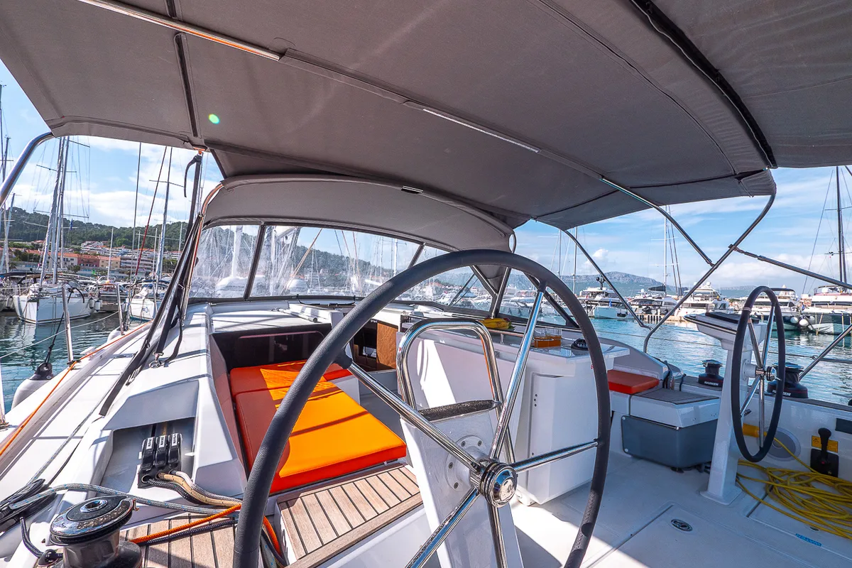 Cockpit of Amorino, a Beneteau Oceanis 46.1 sailboat at Split, Croatia