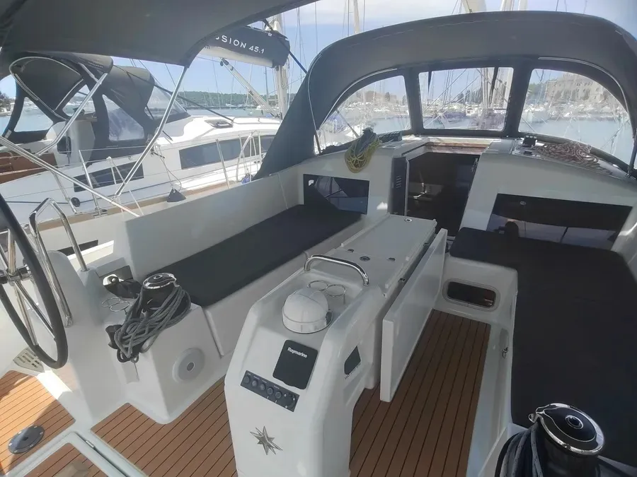 Cockpit of Greta, a Jeanneau Sun Odyssey 440 sailboat at Grad Pula, Croatia