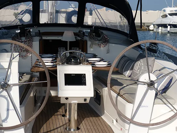 Cockpit of Nessuna Distrazione, a Bavaria Cruiser 41 sailboat at Procida, Italy