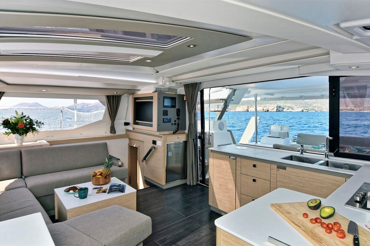Salon of Helidoni, a Fountaine Pajot Tanna 47 catamaran at Volos Municipality, Greece